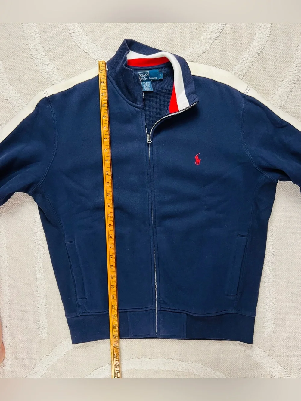 Polo Ralph Lauren Navy Track Jacket with Cream Sleeve Stripes – Size L
